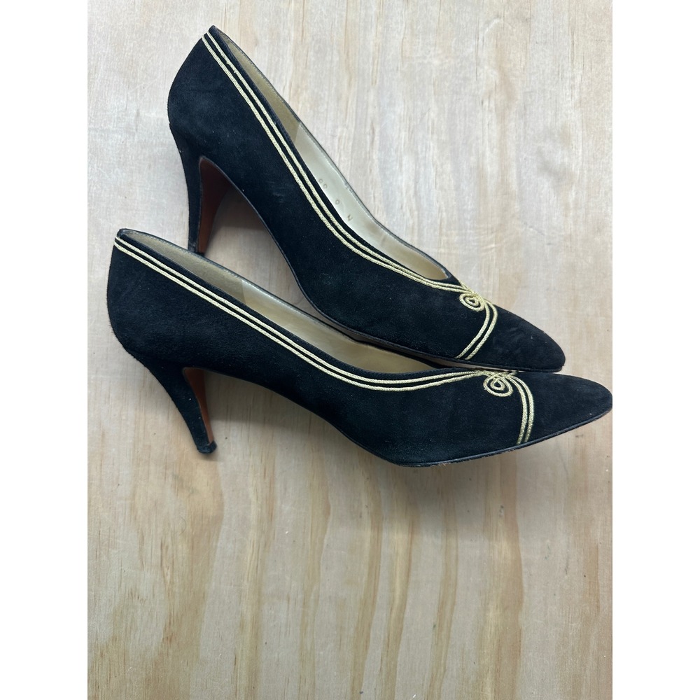 Evan-Picone Vintage Black Suede Gold Embroidered Pumps Heels Made in Spain 9N - Picture 7 of 7